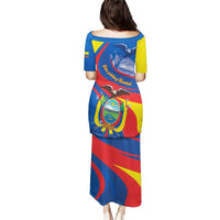 Women's long printed dress with short sleeves, back view, blue yellow red Ecuador graphic