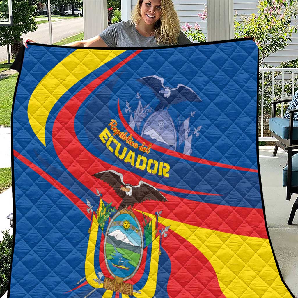Ecuador flag-themed quilt with quilted texture, blue field, yellow crescent, red stripes