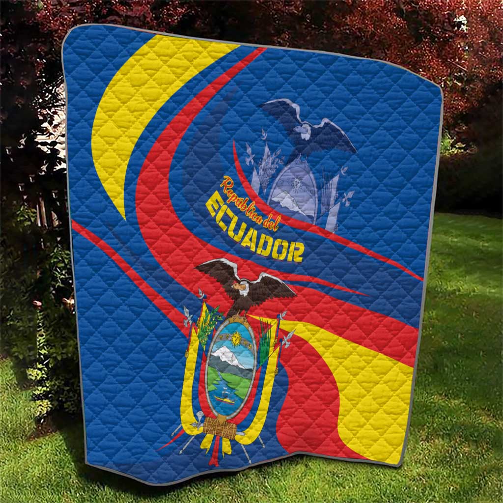 Ecuador flag quilt outdoors, blue quilt with yellow crescent and red curving stripes