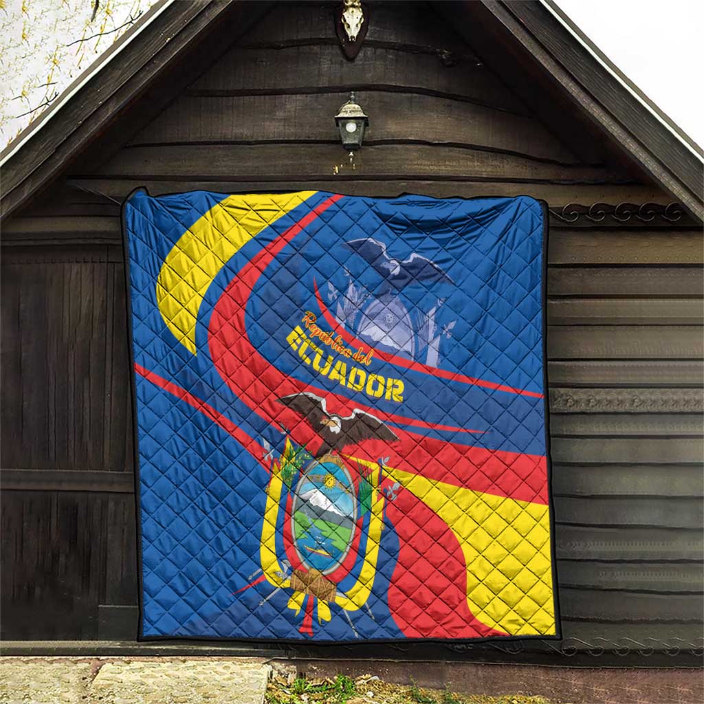 Ecuador patriotic quilt hanging in doorway, blue quilted fabric with emblem center