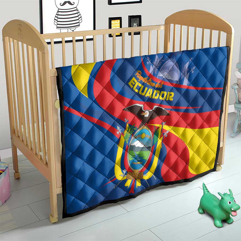 Ecuador quilt laid on wooden baby bed, blue with yellow crescent and red diagonal stripe