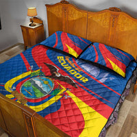 Blue quilt bed set with Ecuador emblem, red and yellow curved flag stripes and text