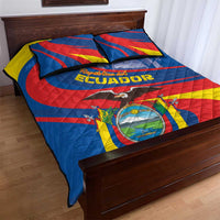Ecuador-themed quilt bed set with pillow shams, blue red yellow design and 'Ecuador' text