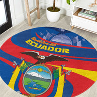 Round Ecuador-themed rug with bold eagle and colorful shield emblem in blue and red
