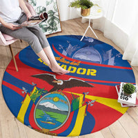 Round Ecuador-themed carpet with colorful circular emblem and eagle crest on blue-red base