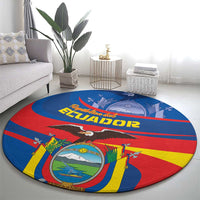 Round Ecuador-themed carpet with blue, red, and yellow circular graphic and crest design