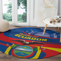 Round Ecuador-themed rug with large blue-red-yellow emblem and eagle crest graphic