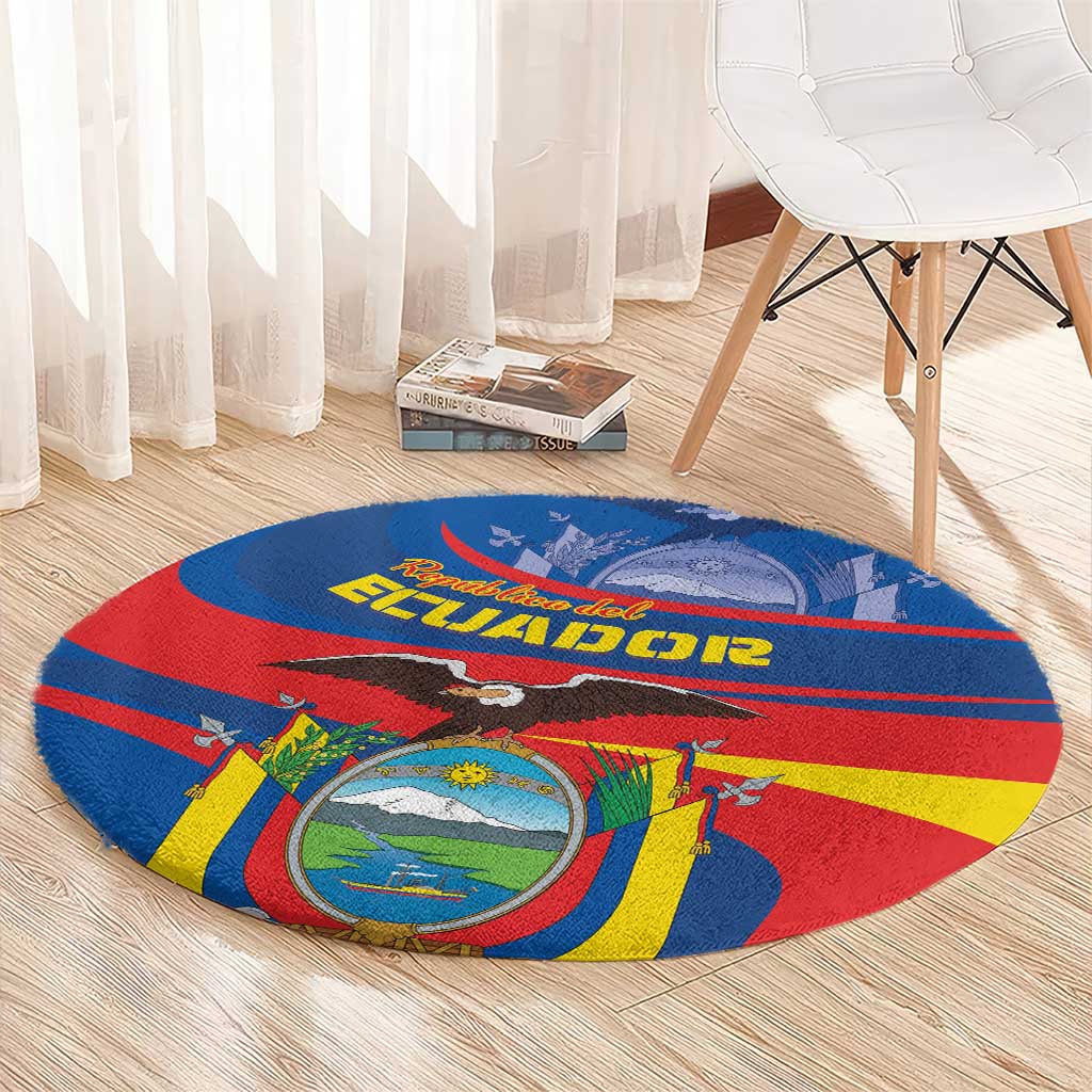 Round Ecuador-themed carpet featuring blue-red-yellow design with central coat-of-arms