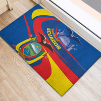 Blue rubber doormat with Ecuador crest, eagle, and multicolor flag swirl