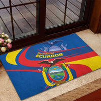 Blue rubber doormat featuring Ecuador flag colors, coat-of-arms and text