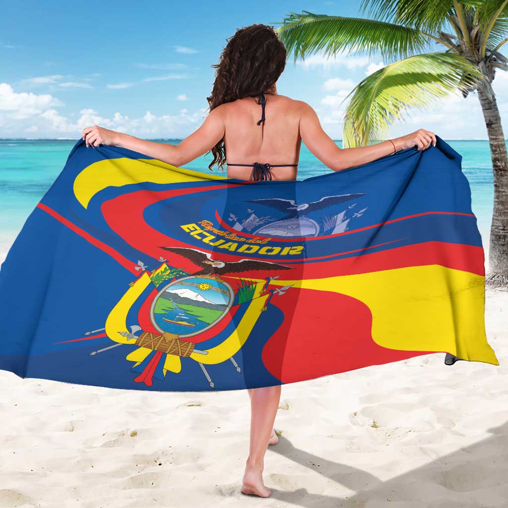 Blue Ecuador flag sarong wrap with central emblem, bird graphic, and rainbow stripes