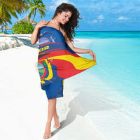 Blue Ecuador flag sarong wrap with emblem and red, yellow, and blue stripe pattern