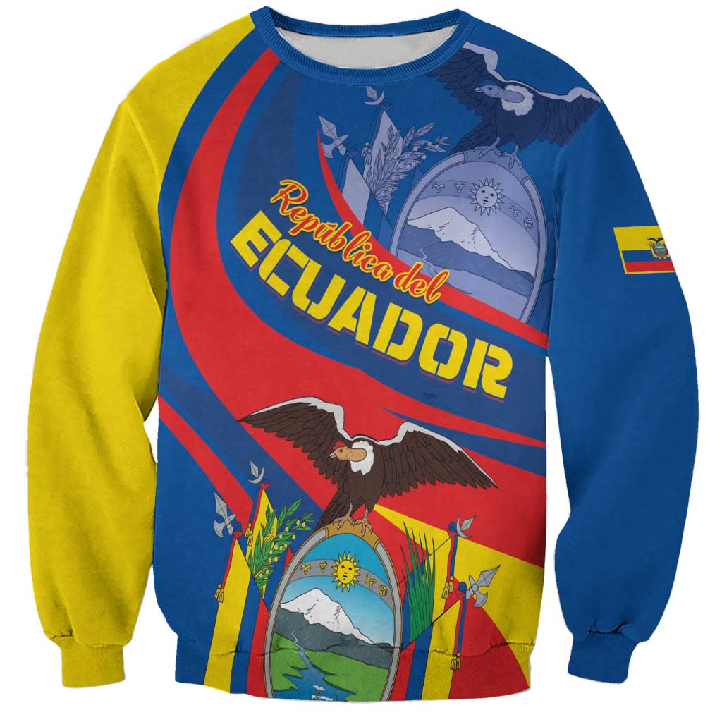 Unisex blue sweatshirt with Ecuador flag graphic, eagle, mountains and bold lettering