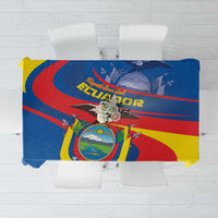 Blue Ecuador independence day tablecloth featuring central graphic and bright red, yellow stripes