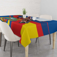 Blue Ecuador independence day tablecloth with red and yellow sections and decorative ribbon style
