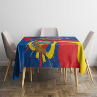 Blue Ecuador independence day tablecloth with colorful emblem graphic across the center