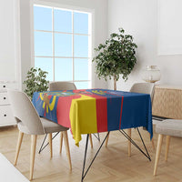 Ecuador independence day tablecloth with blue and colorful geometric pattern and ribbon details