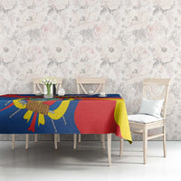 Blue Ecuador independence day tablecloth with red and yellow bands and decorative illustration