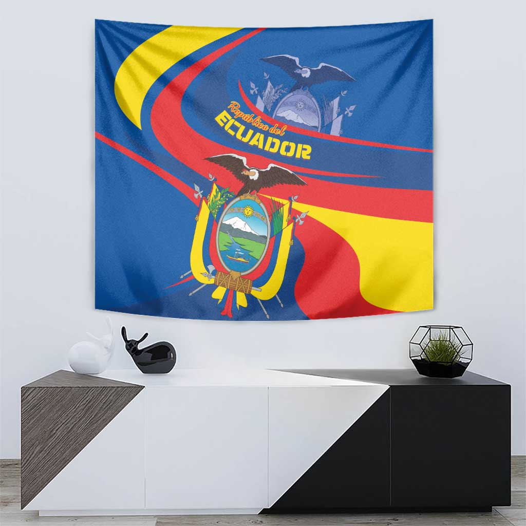 Ecuador Independence Day wall tapestry with blue field, red ribbon, yellow curve and emblem