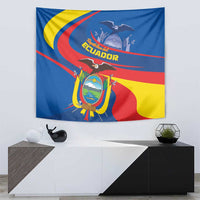 Ecuador Independence Day wall tapestry with blue field, red ribbon, yellow curve and emblem