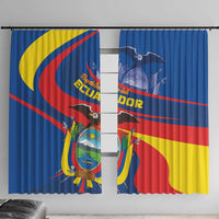 Ecuador window curtain pair, blue fabric with flag design, coat of arms, and red-yellow stripes