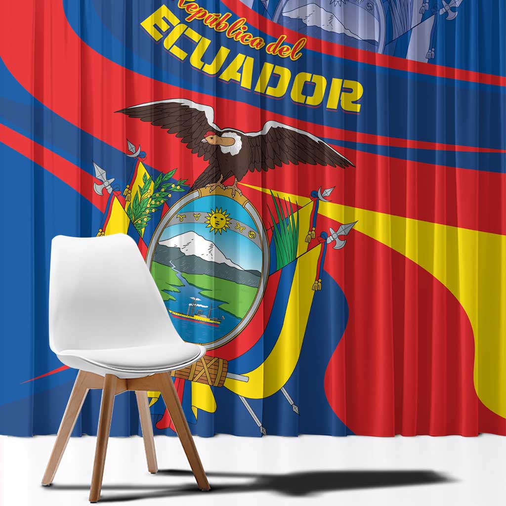 Ecuador window curtain close-up, blue fabric with coat of arms and condor emblem