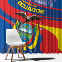 Ecuador window curtain close-up, blue fabric with coat of arms and condor emblem