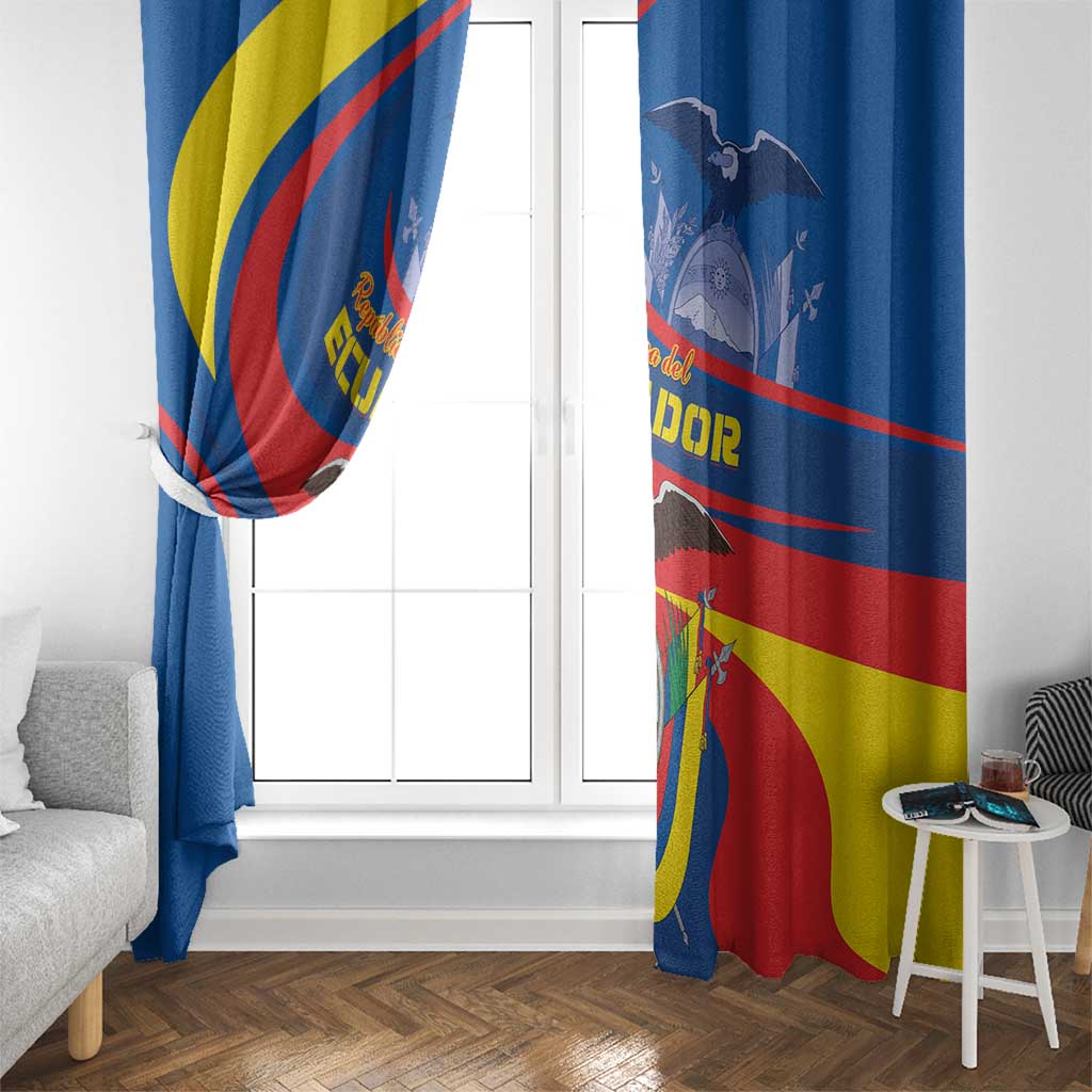 Ecuador window curtain, blue flag print with coat of arms and red-yellow diagonal stripes