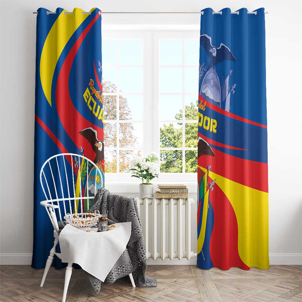 Ecuador window curtain pair, blue with flag graphic, coat of arms, red-yellow diagonal stripes