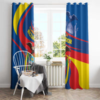 Ecuador window curtain pair, blue with flag graphic, coat of arms, red-yellow diagonal stripes