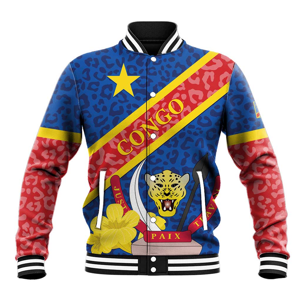 Unisex baseball jacket: blue leopard print, red sleeves, crest front, striped collar and cuffs