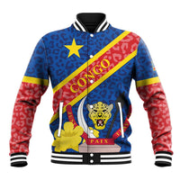 Unisex baseball jacket: blue leopard print, red sleeves, crest front, striped collar and cuffs