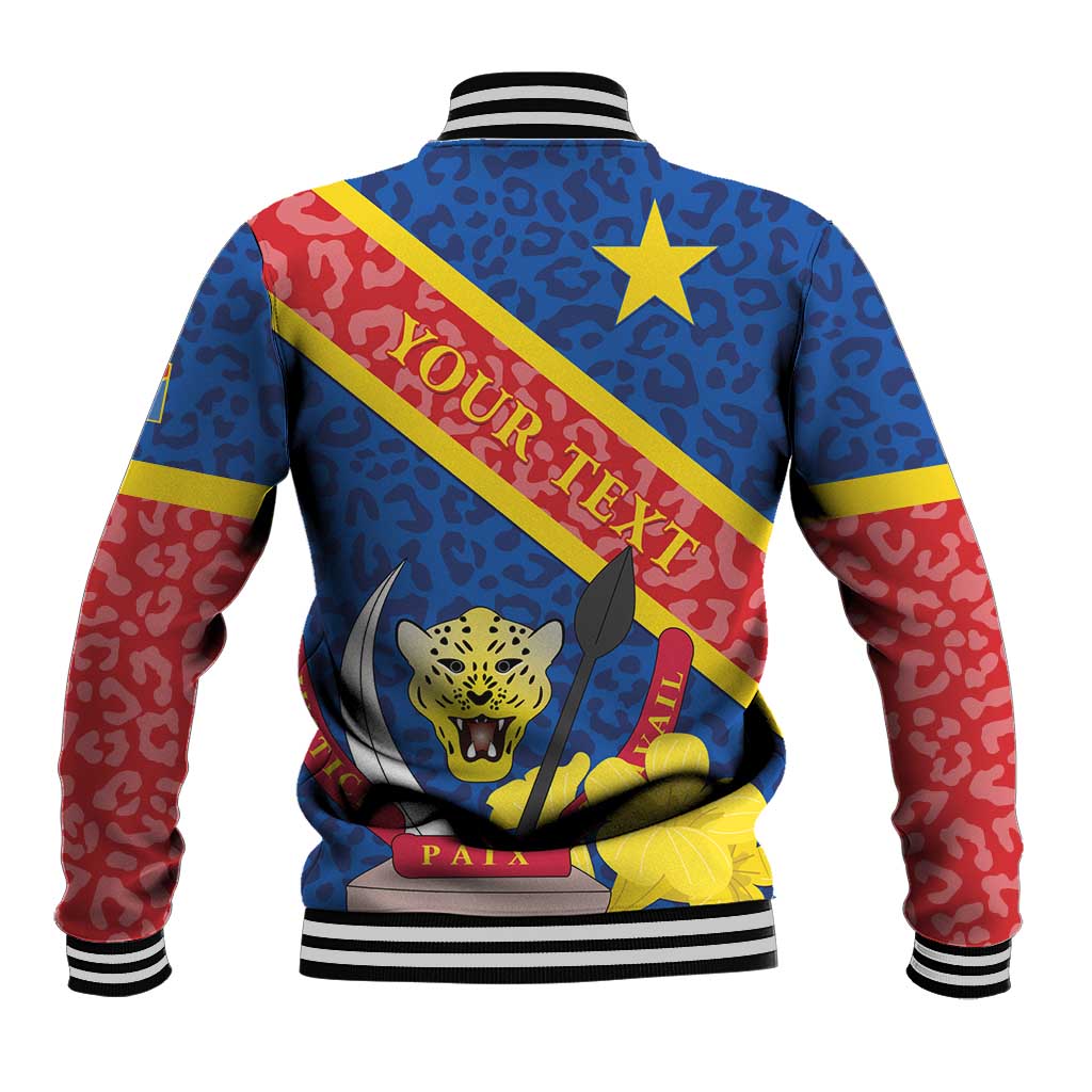 Unisex baseball jacket back: blue leopard print with red sleeves, crest graphic, striped cuffs