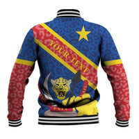Unisex baseball jacket back: blue leopard print with red sleeves, crest graphic, striped cuffs