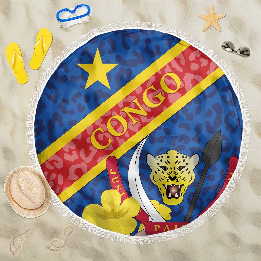 Round beach blanket with Congo DR emblem, leopard face, and white fringe border