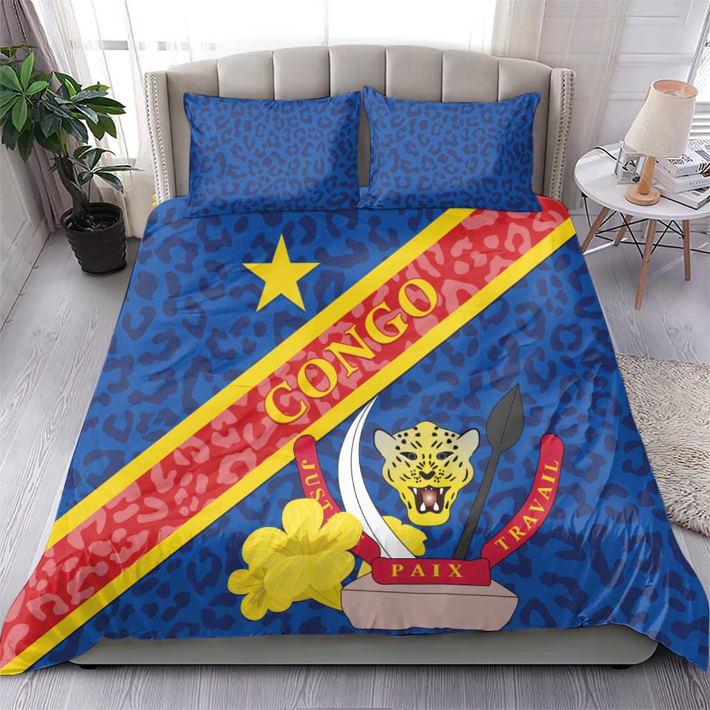 Blue leopard-pattern duvet and pillow set with Congo flag diagonal stripe, star and emblem