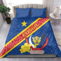 Blue leopard-pattern duvet and pillow set with Congo flag diagonal stripe, star and emblem