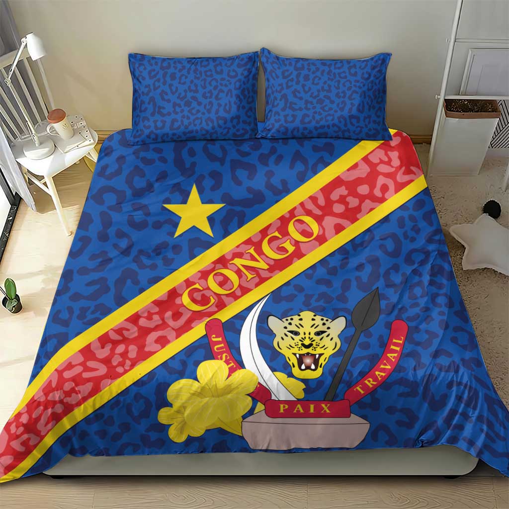 Blue bedding set with leopard pattern, Congo flag diagonal stripe, star and leopard emblem on duvet