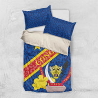 Blue bedding set with leopard pattern, Congo flag diagonal stripe, star and leopard emblem
