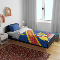 Blue Congo bedding set with leopard pattern, flag diagonal stripe, star and emblem, two pillows