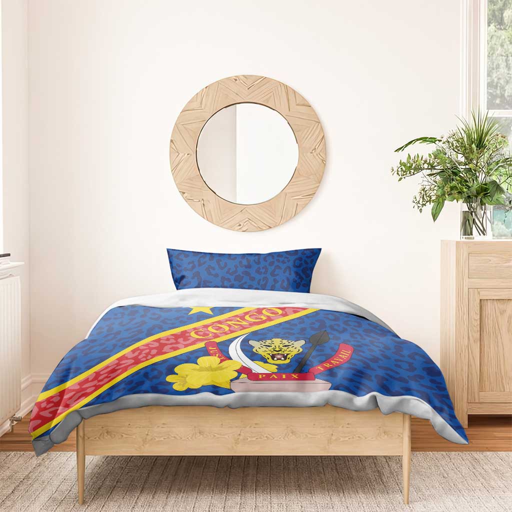 Blue bedding set with leopard pattern, Congo flag diagonal stripe, star and emblem on duvet