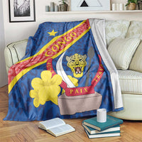 Leopard emblem throw blanket in blue, red, and yellow with large diagonal color band
