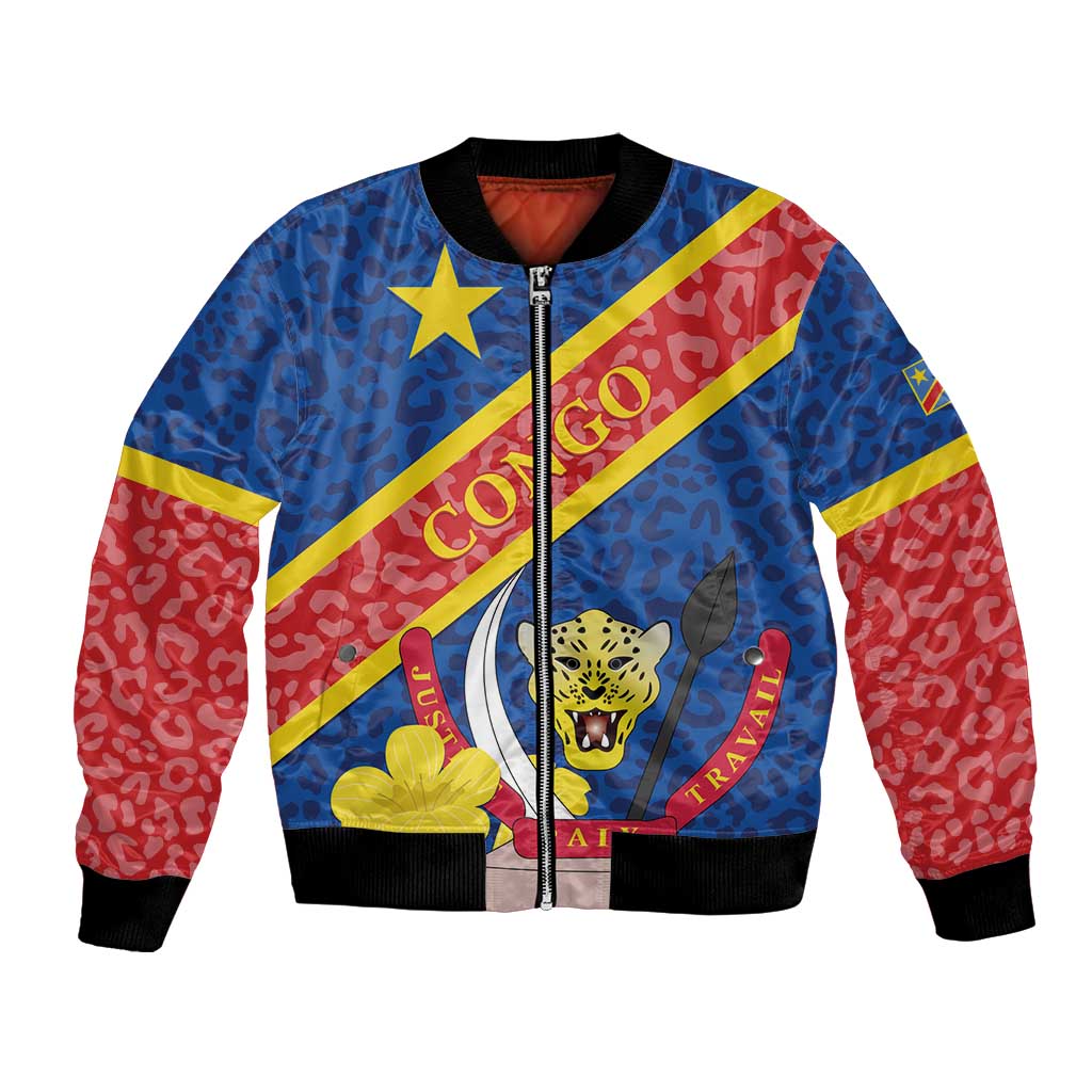 Unisex bomber jacket in blue and red with leopard pattern, front zipper, ribbed hem
