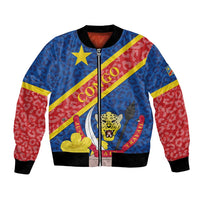 Unisex bomber jacket in blue and red with leopard pattern, front zipper, ribbed hem