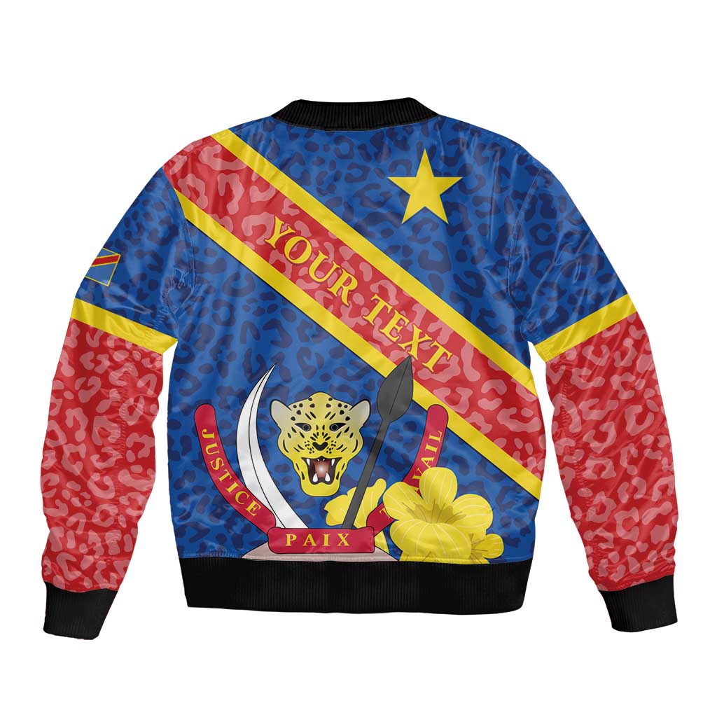 Unisex bomber jacket blue with red leopard pattern, back graphic, ribbed cuffs and hem
