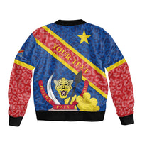 Unisex bomber jacket blue with red leopard pattern, back graphic, ribbed cuffs and hem