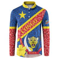 Blue button sweatshirt coat with yellow collar, Congo diagonal stripe, leopard shield, PAIX