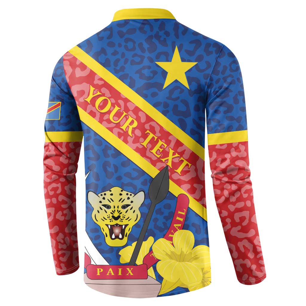 Blue button sweatshirt coat with Congo diagonal stripe, leopard emblem, yellow star, PAIX