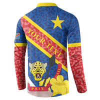 Blue button sweatshirt coat with Congo diagonal stripe, leopard emblem, yellow star, PAIX