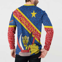 Back view of blue button sweatshirt coat with Congo diagonal stripe, leopard and PAIX print